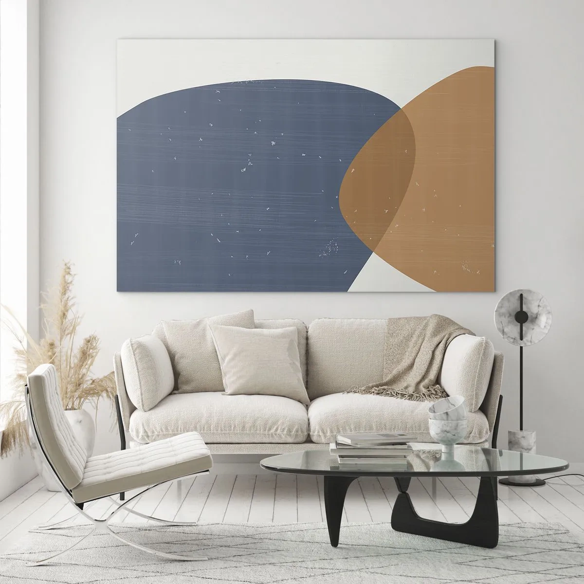 Quadro em vidro - Composição geométrica com ovais azul marinho e bege - 70x50cm - Ovais e influências - Decoração de parede moderna para a sala de estar e quarto ARTTOR