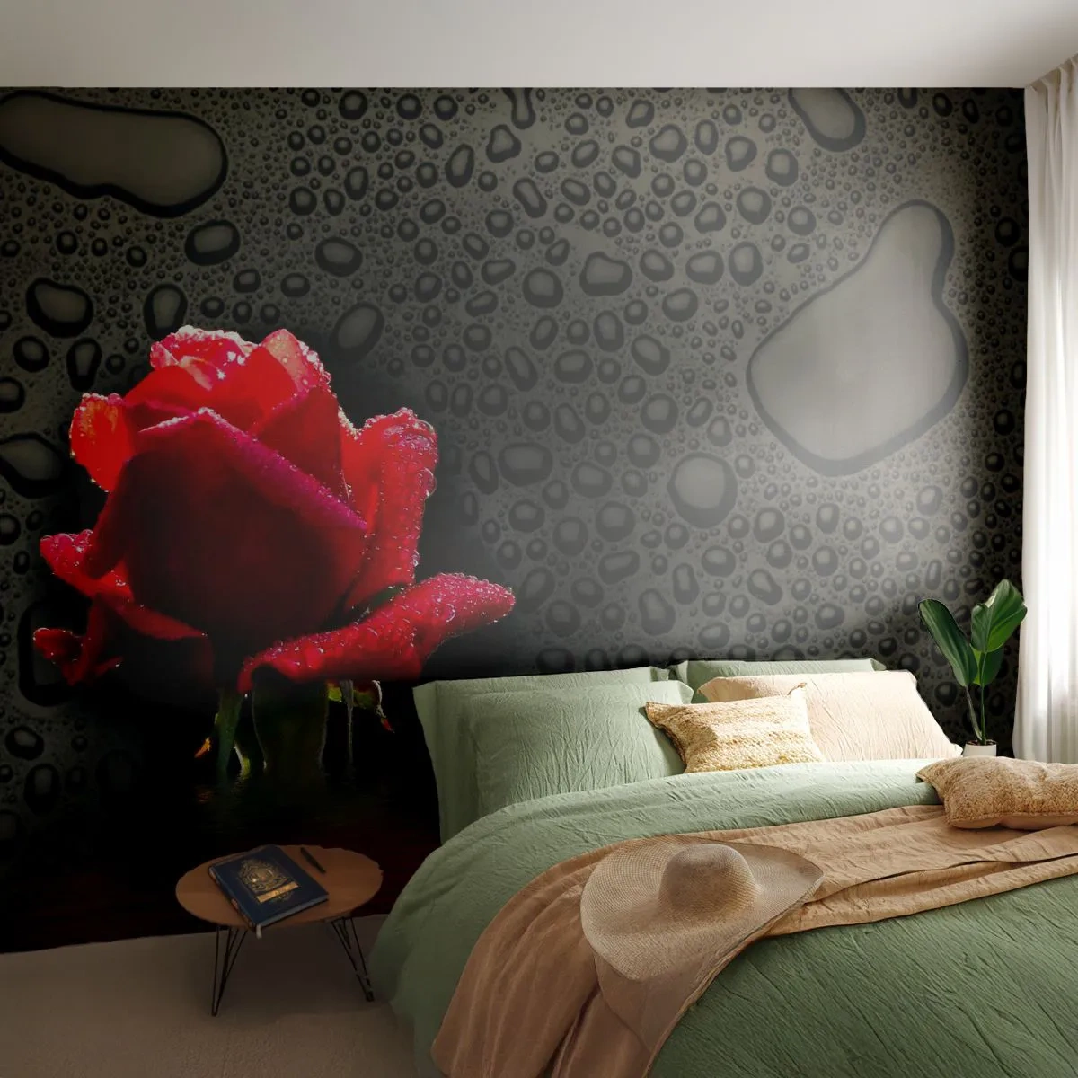 Papel de Parede Premium Canvas - Vermelho e preto - Flores, Rosa, Água - 250x175 cm