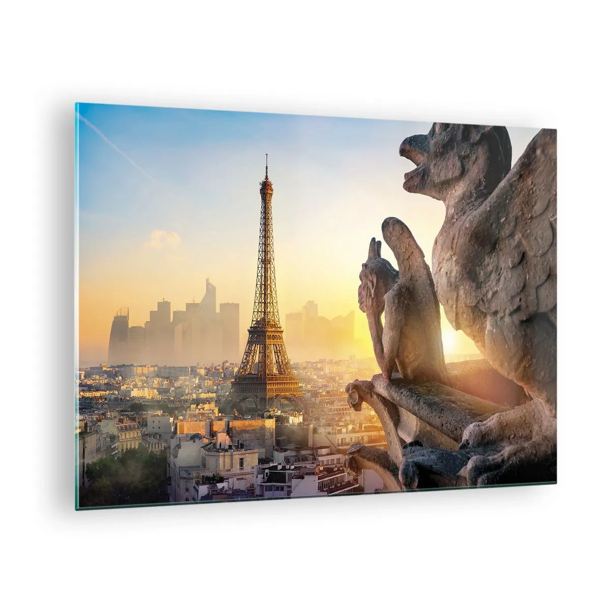 Quadro em vidro - A Torre Eiffel na neblina da manhã, com vista para Paris e esculturas góticas - 70x50cm - Muita coisa mudou... - Decoração de parede moderna para a sala de estar e quarto ARTTOR
