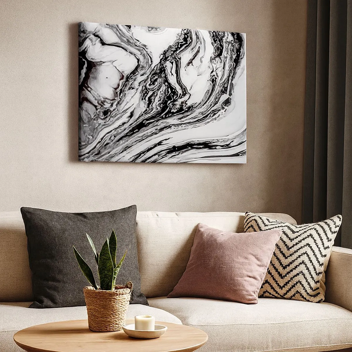 Quadro em tela - Padrão abstrato de mármore em preto e branco - 70x50cm - No princípio, era o caos - Decoração de parede moderna para a sala de estar e quarto ARTTOR
