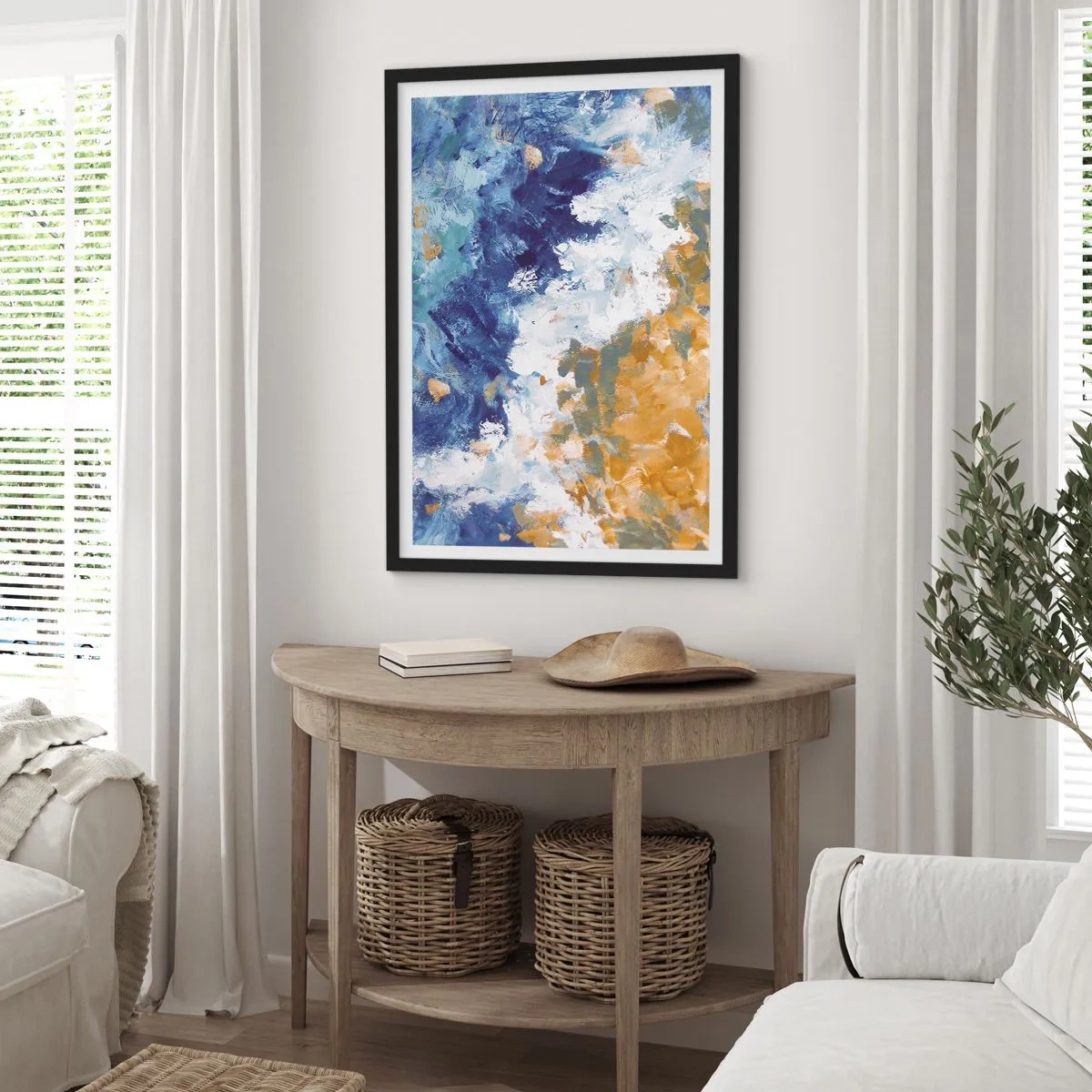 Pôster com moldura preta - Uma composição abstrata em tons de azul, branco e dourado. - 50x70cm - Dança dos elementos - Decoração de parede moderna para a sala de estar e quarto ARTTOR