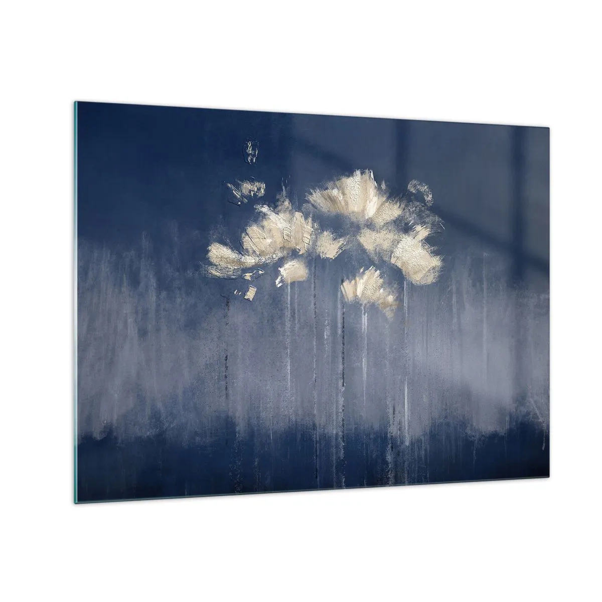 Quadro em vidro - Arranjo floral abstrato dourado sobre fundo azul marinho - 70x50cm - Como pétalas ao vento - Decoração de parede moderna para a sala de estar e quarto ARTTOR