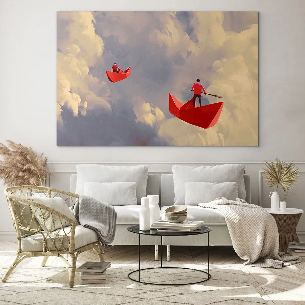 Quadro em vidro - Duas pessoas em barcos vermelhos contra um céu nublado - 70x50cm - Expedição dos sonhadores - Decoração de parede moderna para a sala de estar e quarto ARTTOR