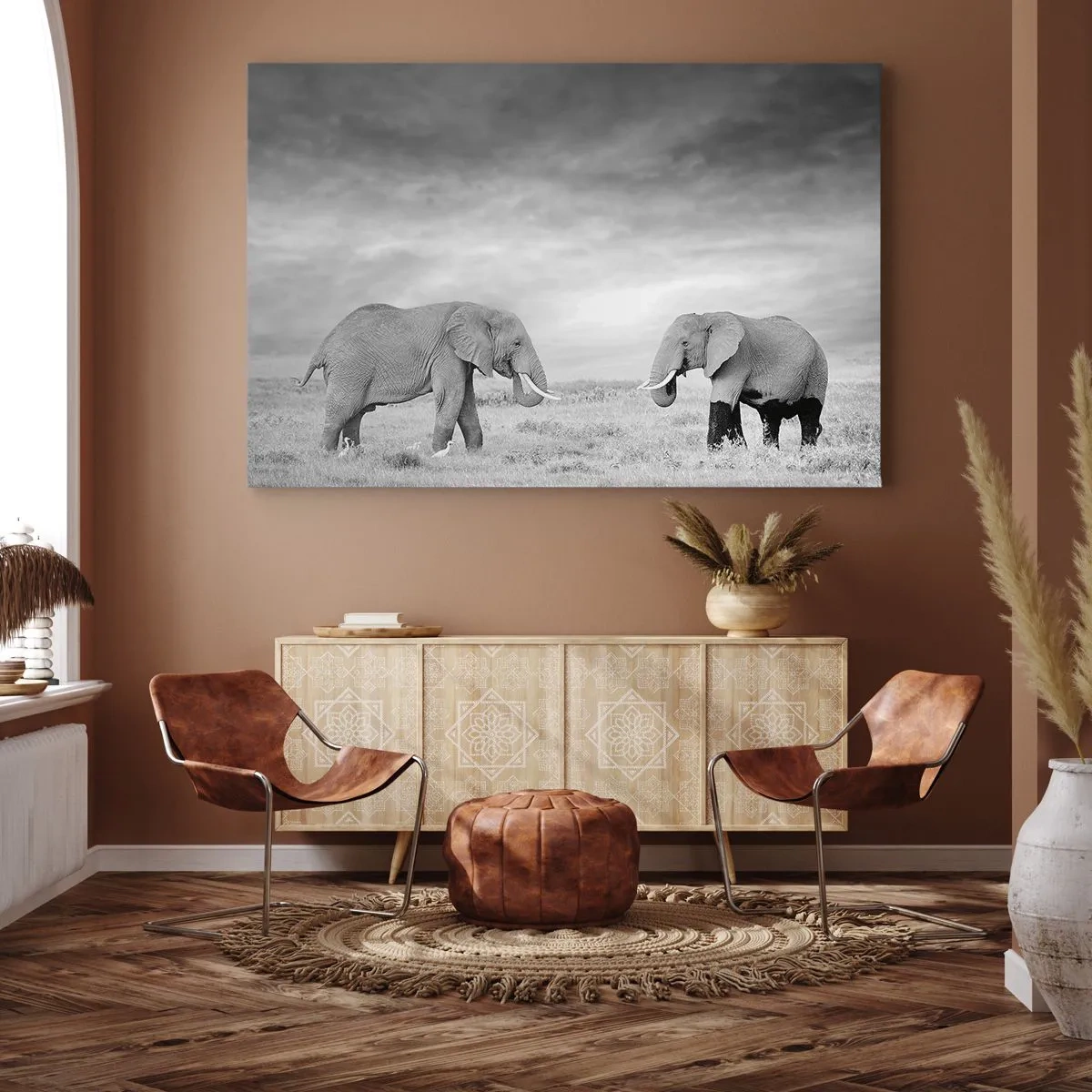 Quadro em tela - Dois elefantes tendo como pano de fundo a savana africana - 70x50cm - O cinza é belo - Decoração de parede moderna para a sala de estar e quarto ARTTOR