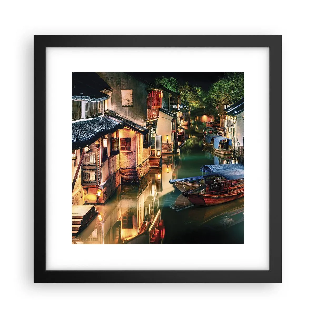 Pôster com moldura preta - Uma noite em uma rua chinesa - 30x30 cm