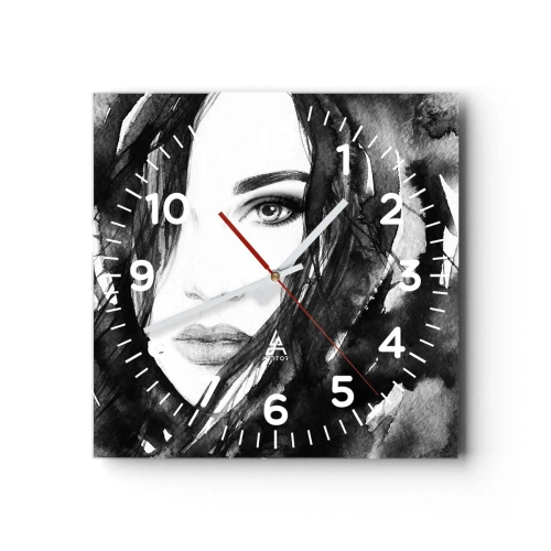 Relógio de parede - Relógio em vidro - Retrato de uma dama a preto e branco - 30x30 cm