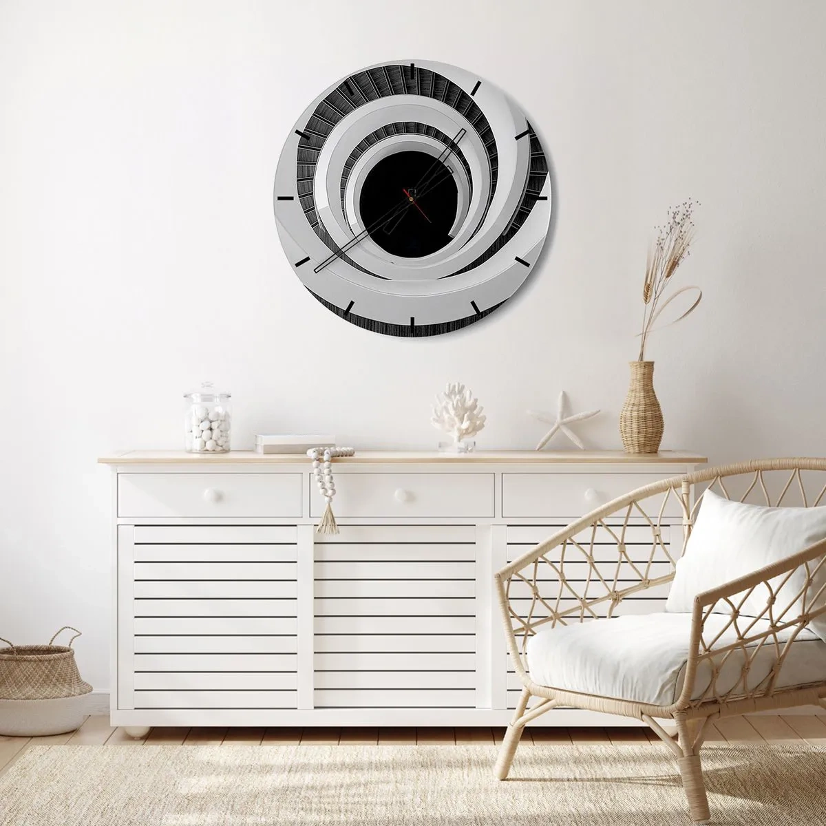 Relógio de parede - Relógio em vidro - Escada em espiral em estilo preto e branco - 30x30cm - Ao âmago - Decoração de parede moderna para a sala de estar, cozinha e quarto ARTTOR