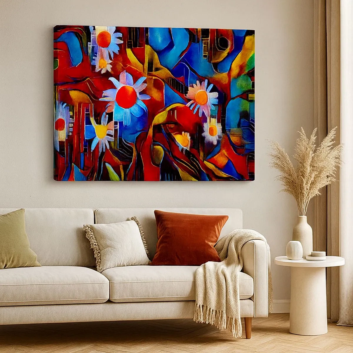 Quadro em tela - Flores abstratas sobre um fundo de padrões geométricos - 70x50cm - Cores da vida - Decoração de parede moderna para a sala de estar e quarto ARTTOR