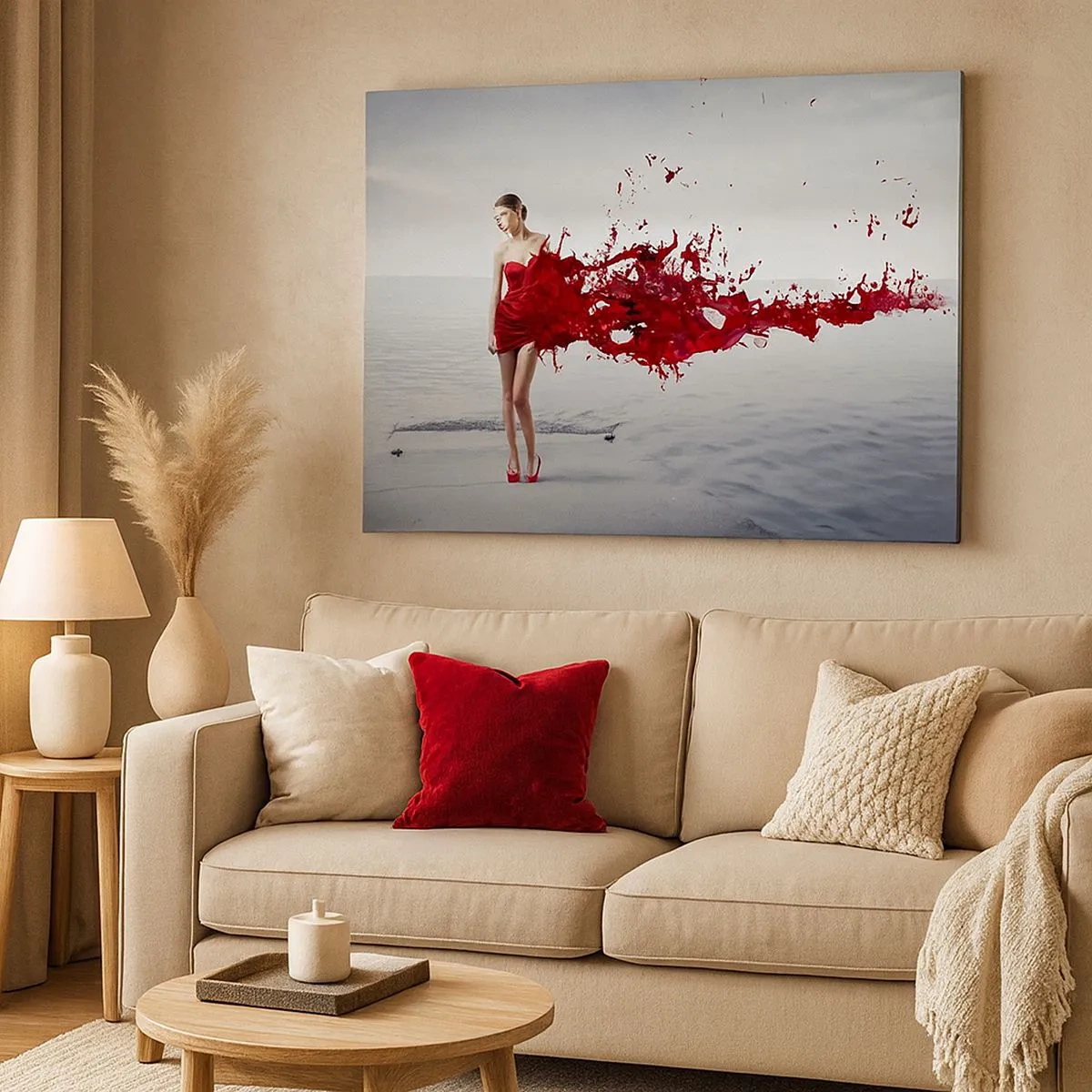 Quadro em tela - Uma mulher de vestido vermelho em uma composição artística à beira d'água - 70x50cm - Intensa como escarlate - Decoração de parede moderna para a sala de estar e quarto ARTTOR
