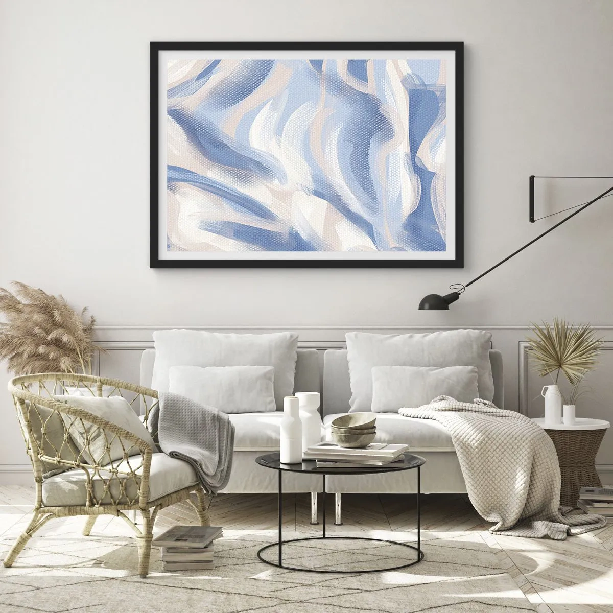 Pôster com moldura preta - Ondas azuis - 70x50 cm