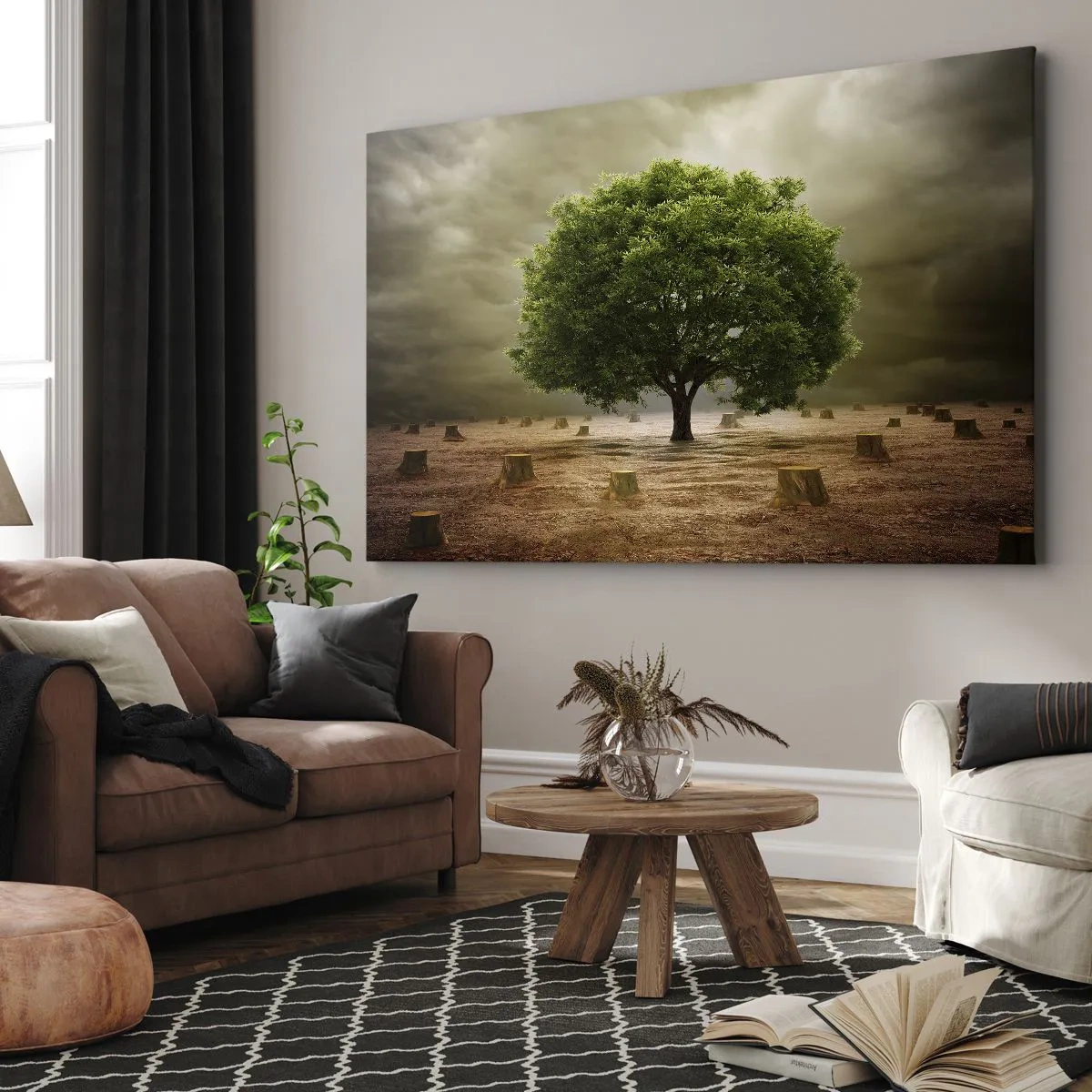 Quadro em tela - Uma árvore verde cercada por troncos caídos contra um céu nublado - 70x50cm - Toda a esperança - Decoração de parede moderna para a sala de estar e quarto ARTTOR