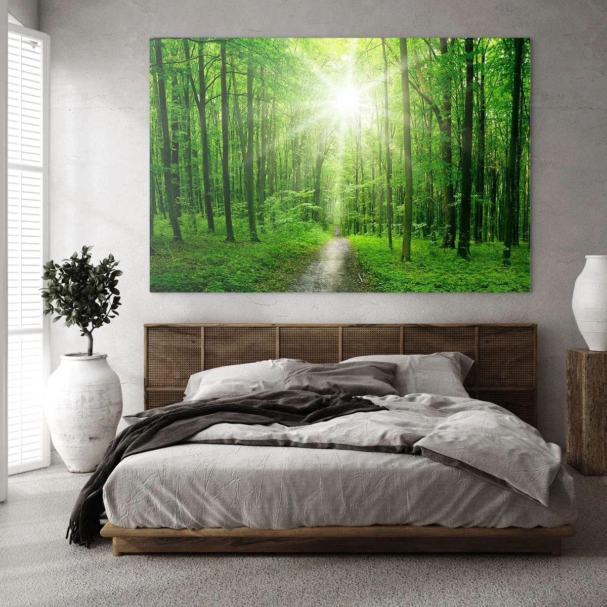 Quadro em vidro - Um caminho na floresta iluminado pelos raios do sol - 70x50cm - Catedral Verde - Decoração de parede moderna para a sala de estar e quarto ARTTOR