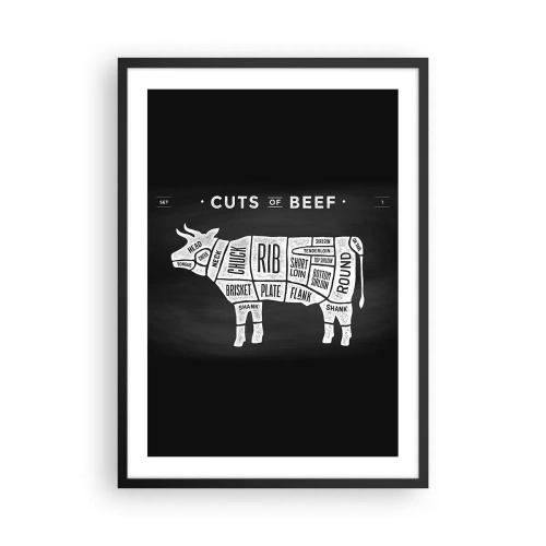Pôster com moldura preta - Diagrama de cortes de carne bovina em um fundo preto em estilo retrô - 50x70cm - Cartilha do talhante - Decoração de parede moderna para a sala de estar e quarto ARTTOR