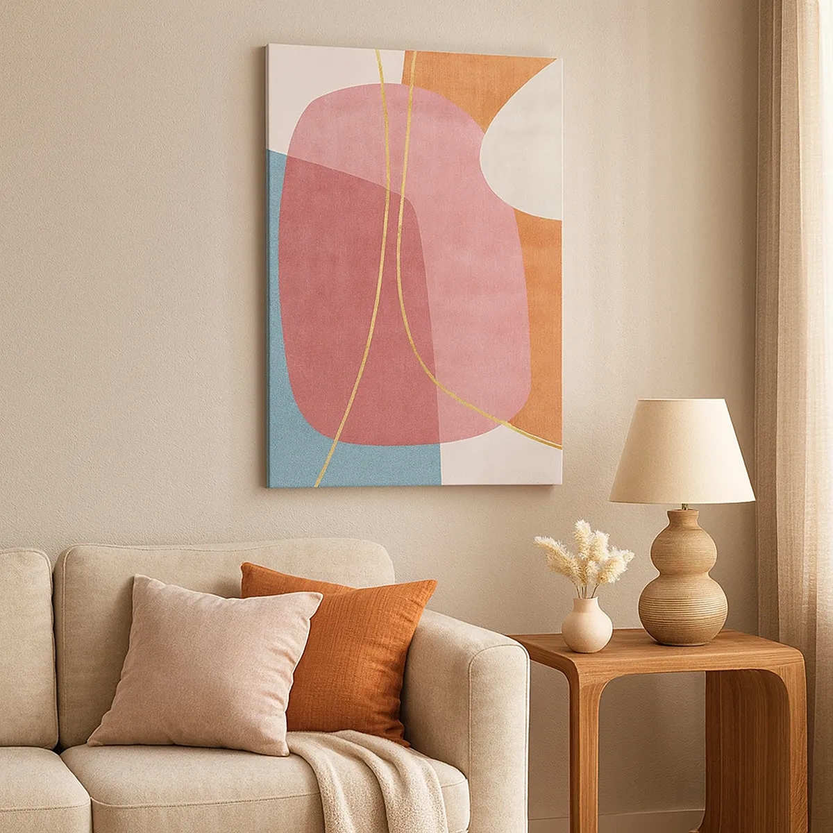 Quadro em tela - Composição pastel com fio dourado - 50x70 cm