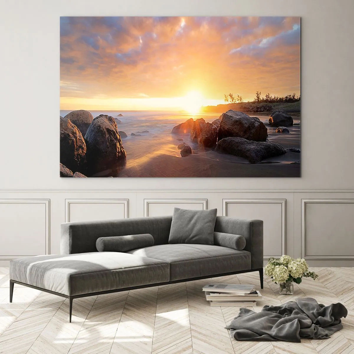 Quadro em vidro - Pôr do sol sobre o mar com pedras na praia - 70x50cm - A brisa luminosa da noite - Decoração de parede moderna para a sala de estar e quarto ARTTOR