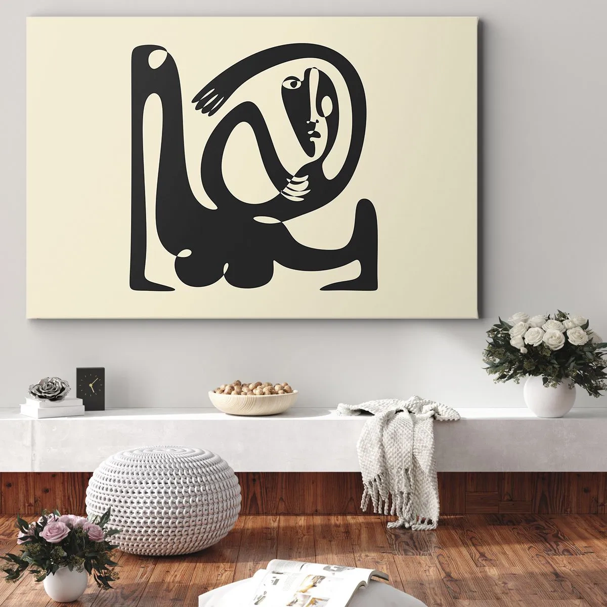 Quadro em tela - Uma figura abstrata em preto sobre fundo bege - 70x50cm - Quase Picasso - Decoração de parede moderna para a sala de estar e quarto ARTTOR