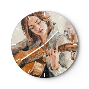 Relógio de parede - Relógio em vidro - Retrato de uma mulher tocando violão em estilo pictórico - 30x30cm - Concerto de violão e coração de rapariga - Decoração de parede moderna para a sala de estar, cozinha e quarto ARTTOR