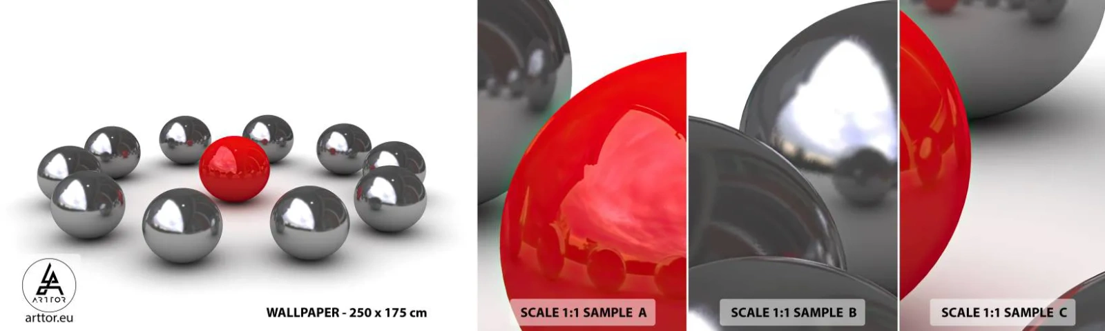 Amostra de papel de parede autocolante Deluxe Sticker - Círculo em prata e vermelho - Abstração, 3D, Bolas Redondas - 100x30 cm