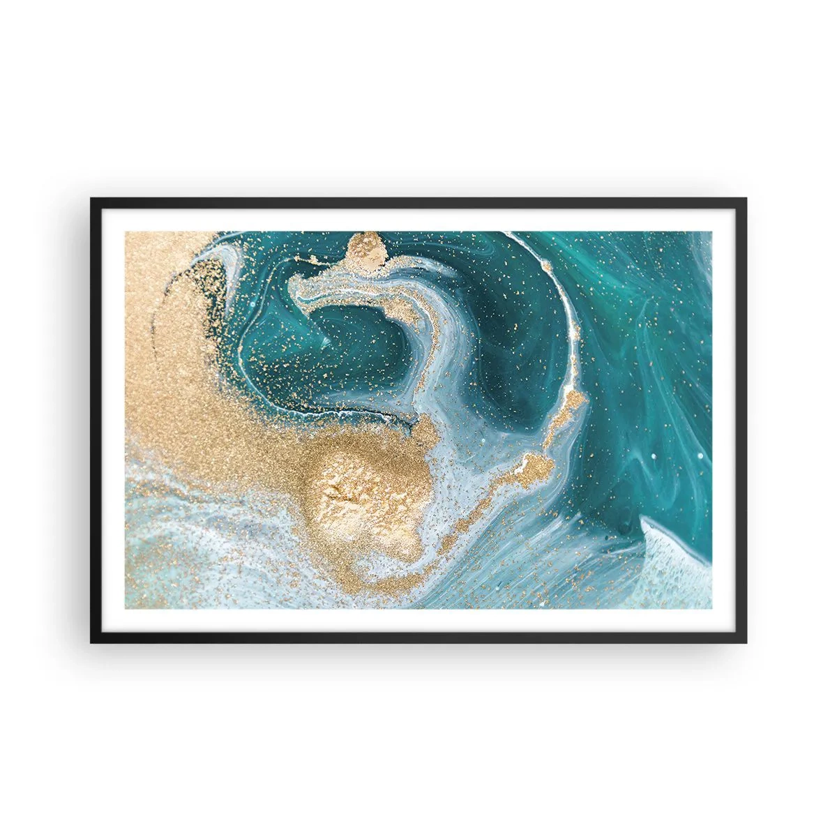 Pôster com moldura preta - Um vórtice de ouro e turquesa - 91x61 cm