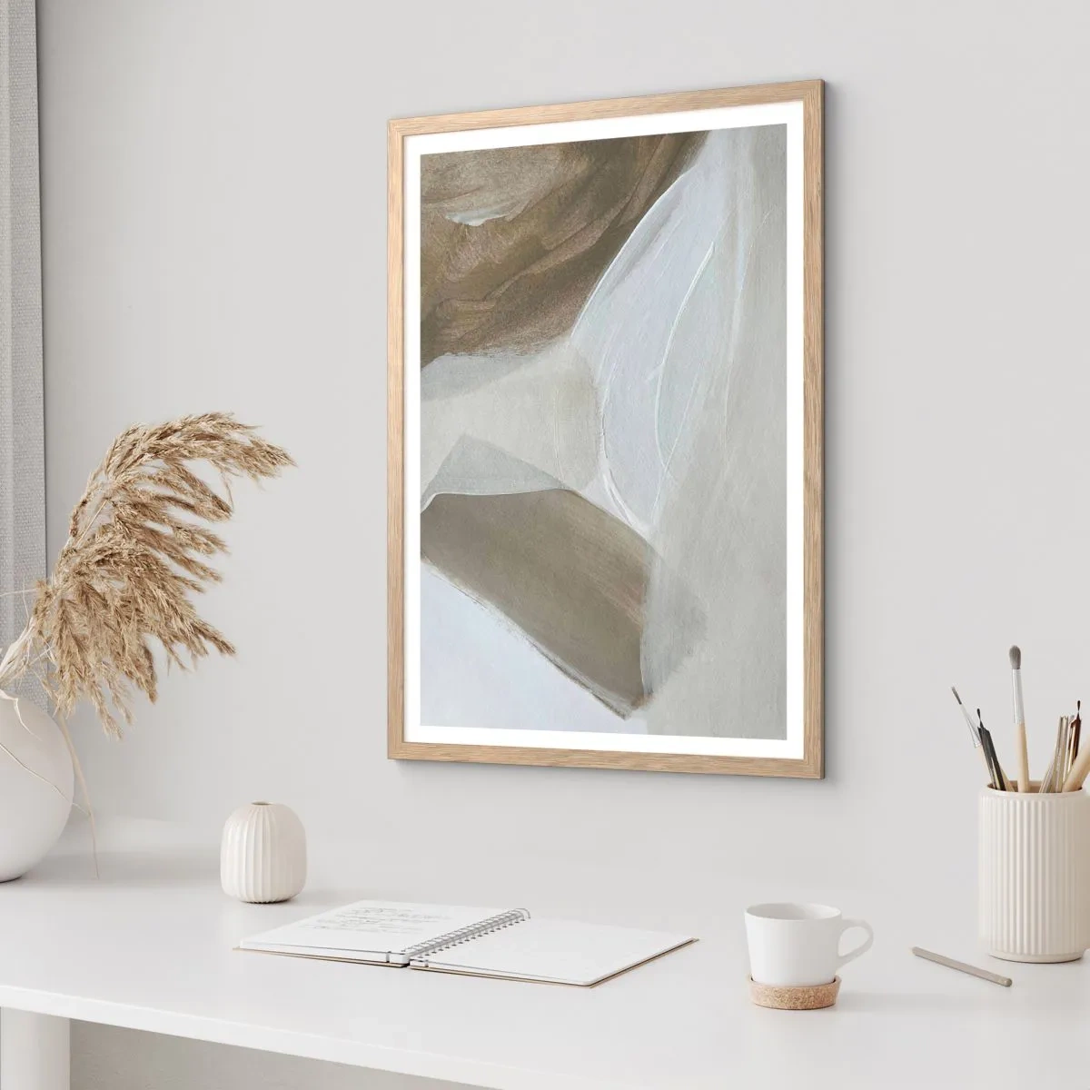 Pôster com moldura de carvalho claro - Uma onda de branco - 70x100 cm