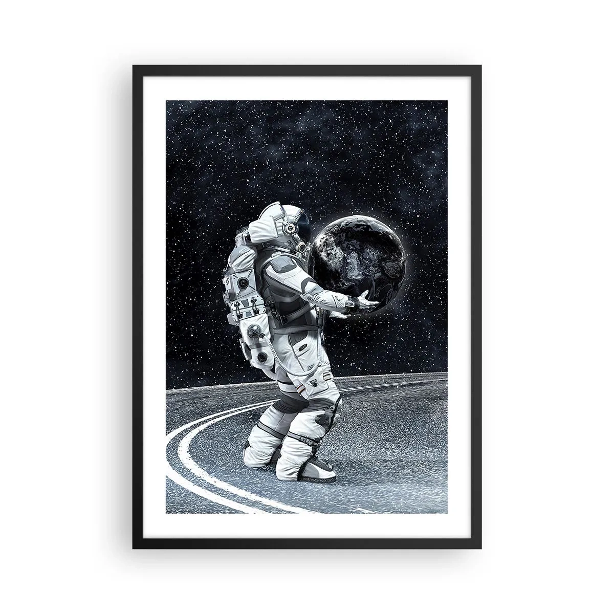 Pôster com moldura preta - Um astronauta no espaço segurando uma esfera parecida com a Terra. - 50x70cm - Na Via Láctea - Decoração de parede moderna para a sala de estar e quarto ARTTOR