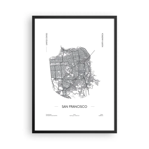 Pôster com moldura preta - Um mapa minimalista de São Francisco em preto e branco. - 50x70cm - Anatomia de São Francisco - Decoração de parede moderna para a sala de estar e quarto ARTTOR