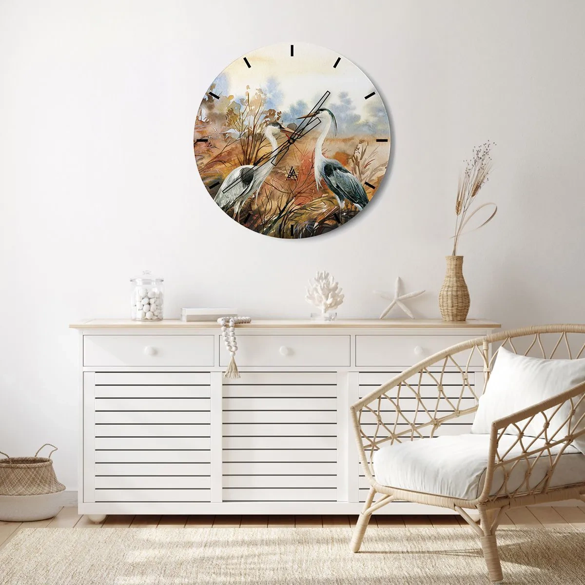 Relógio de parede - Relógio em vidro - Dois guindastes em uma paisagem de aquarela de outono - 30x30cm - Para onde ir no outono? - Decoração de parede moderna para a sala de estar, cozinha e quarto ARTTOR