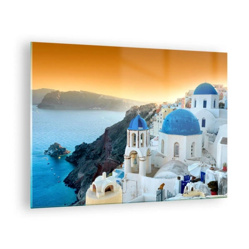 Quadro em vidro - Vista de Santorini com suas cúpulas azuis e penhascos - 70x50cm - Santorini - abraçada às rochas - Decoração de parede moderna para a sala de estar e quarto ARTTOR