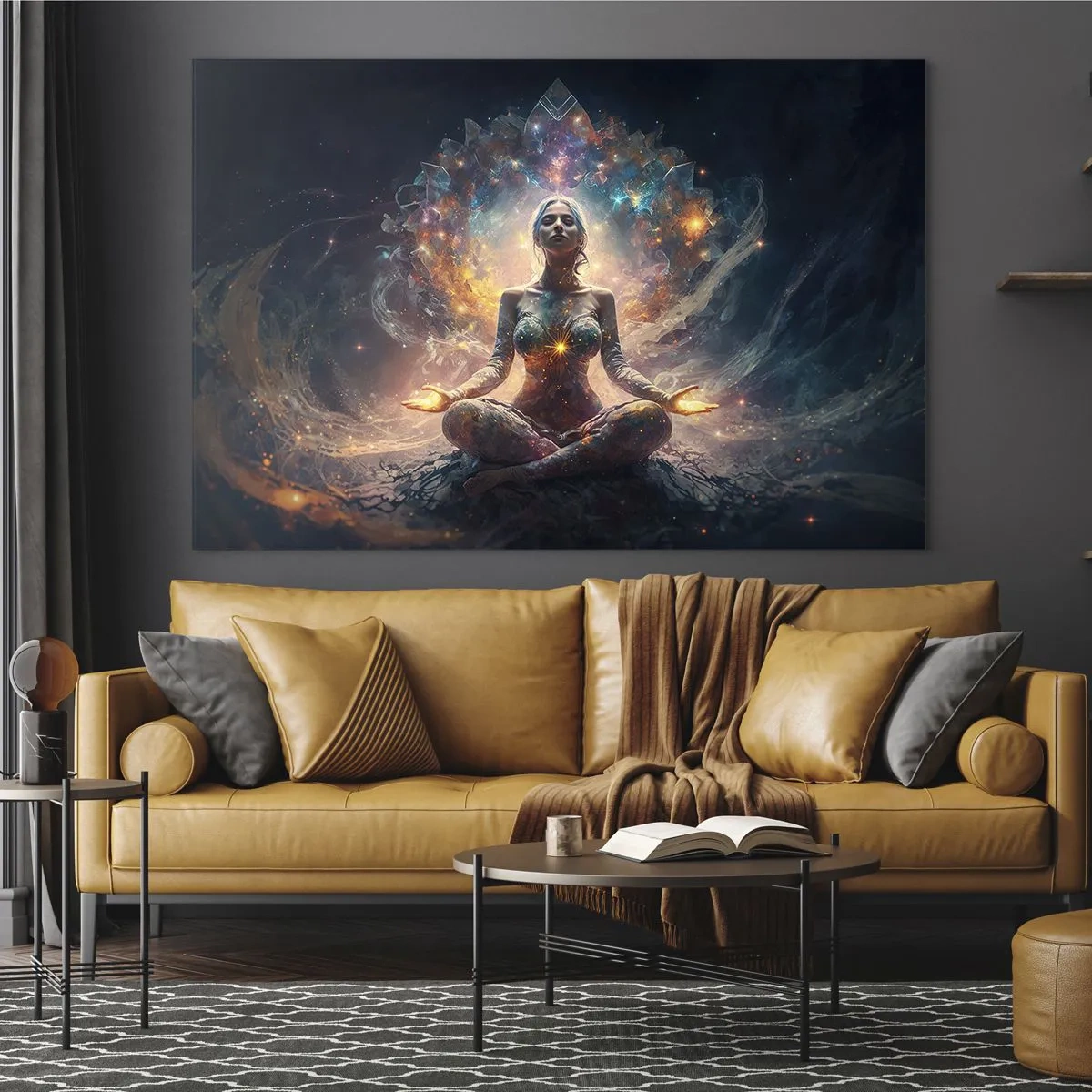 Quadro em vidro - Uma mulher meditando em uma aura luminosa de energia e cor - 70x50cm - Fluxo de boa energia - Decoração de parede moderna para a sala de estar e quarto ARTTOR
