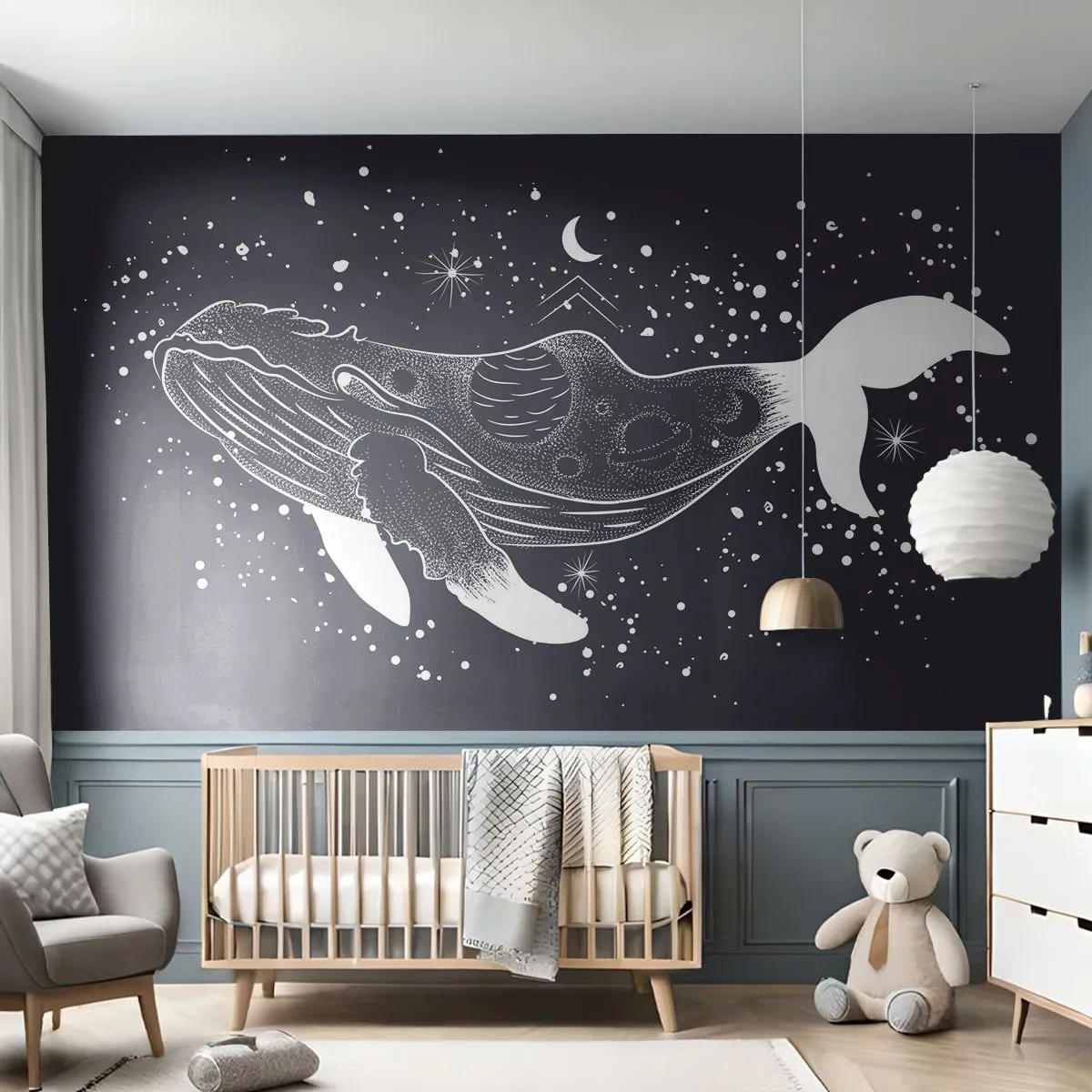 Papel de Parede Autocolante Deluxe Sticker - No oceano do universo - Abstração, Baleia, Preto e branco - 500x350 cm