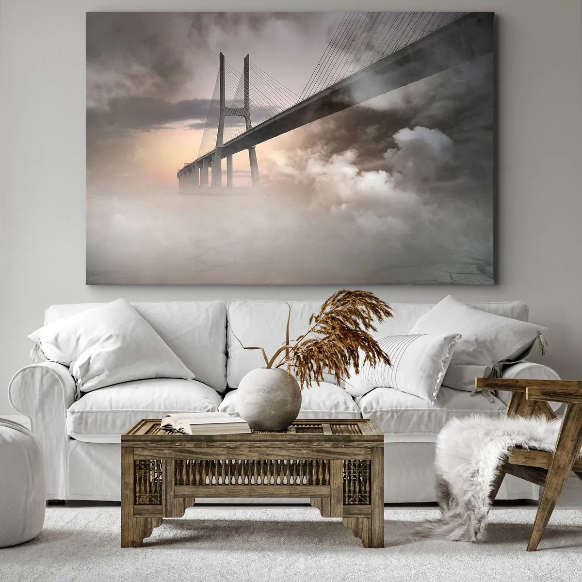 Quadro em tela - Uma ponte sobre um rio cercada por neblina pela manhã - 70x50cm - No rio que não existe - Decoração de parede moderna para a sala de estar e quarto ARTTOR