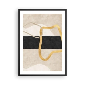 Pôster com moldura preta - Composição abstrata com preto, dourado e fundo neutro - 50x70cm - Formas em loop - Decoração de parede moderna para a sala de estar e quarto ARTTOR