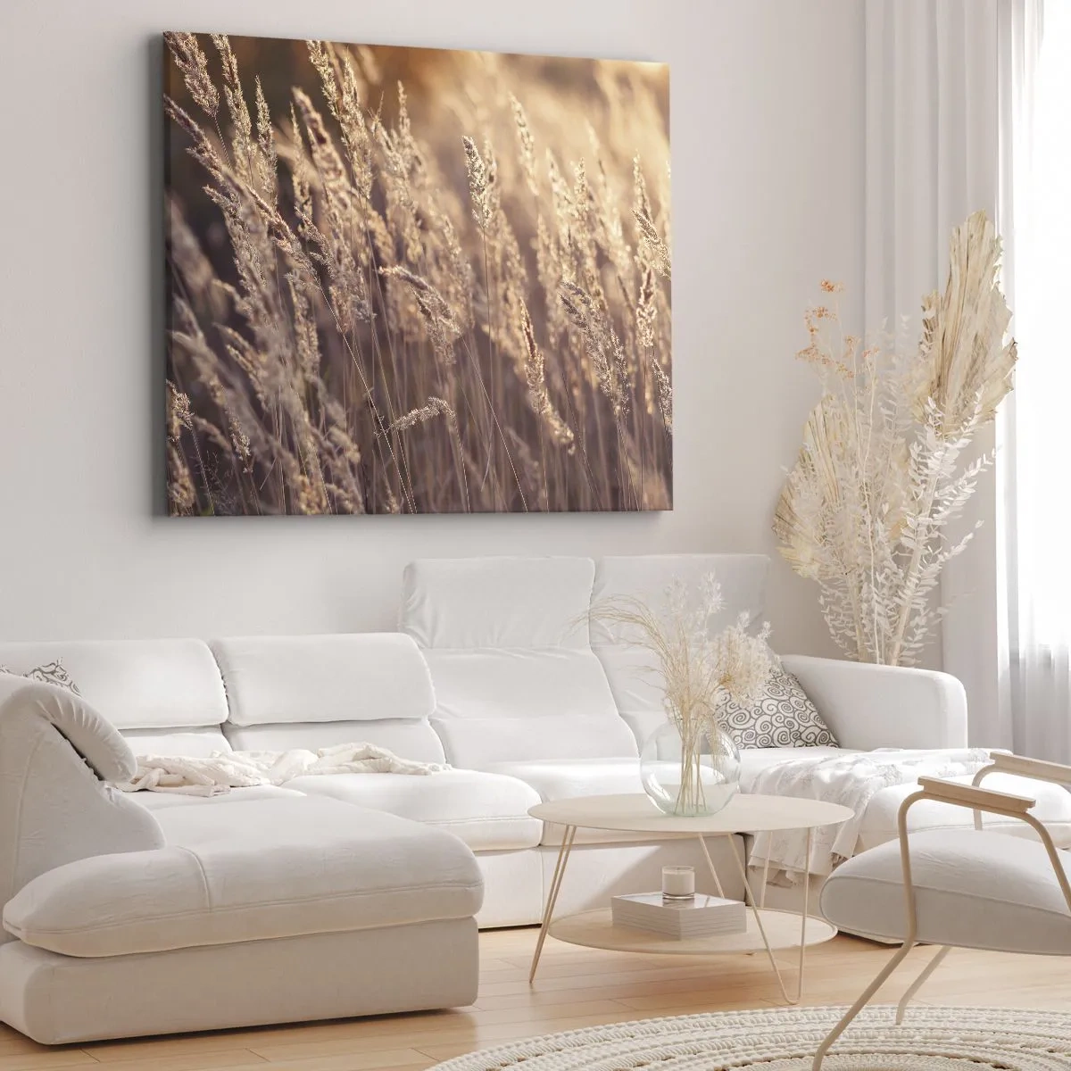 Quadro em tela - Gramíneas douradas contra o pano de fundo do pôr do sol - 70x50cm - Pronto para receber o outono - Decoração de parede moderna para a sala de estar e quarto ARTTOR