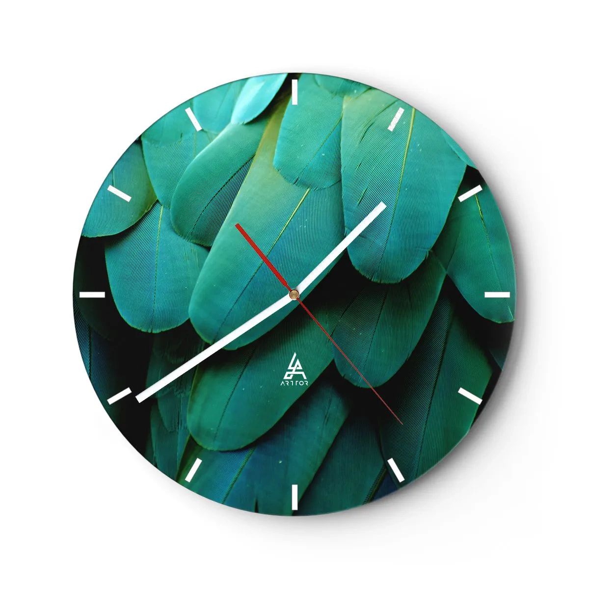 Relógio de parede - Relógio em vidro - Close-up das penas verdes de um pássaro exótico - 30x30cm - Precisão de papagaio - Decoração de parede moderna para a sala de estar, cozinha e quarto ARTTOR