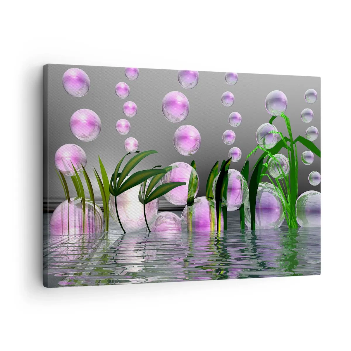 Quadro em tela - Folhas verdes e bolhas rosa acima da água em um fundo cinza - 70x50cm - Composição reflexiva da leveza e da vida - Decoração de parede moderna para a sala de estar e quarto ARTTOR