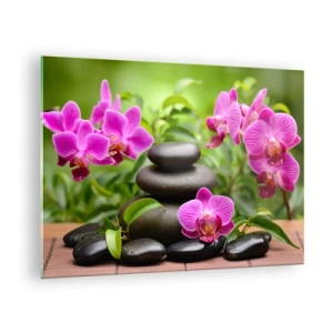 Quadro em vidro - Orquídeas rosas e pedras pretas em um ambiente tranquilo - 70x50cm - Pirâmide da paz - Decoração de parede moderna para a sala de estar e quarto ARTTOR