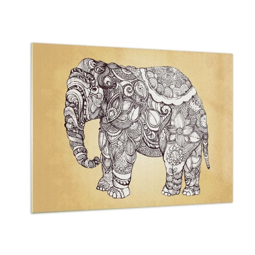 Quadro em vidro - Elefante preto e branco com padrões orientais sobre fundo bege - 70x50cm - O elefante se cobriu - Decoração de parede moderna para a sala de estar e quarto ARTTOR