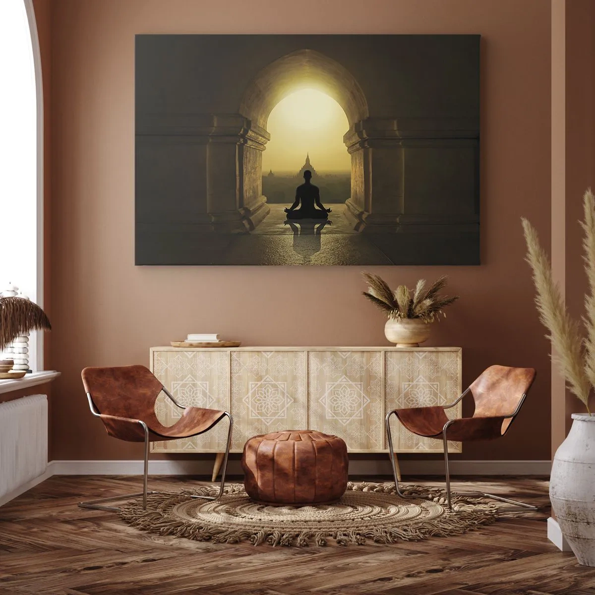 Quadro em tela - Silhueta de uma pessoa meditando à luz do pôr do sol - 70x50cm - Harmonia completa - Decoração de parede moderna para a sala de estar e quarto ARTTOR