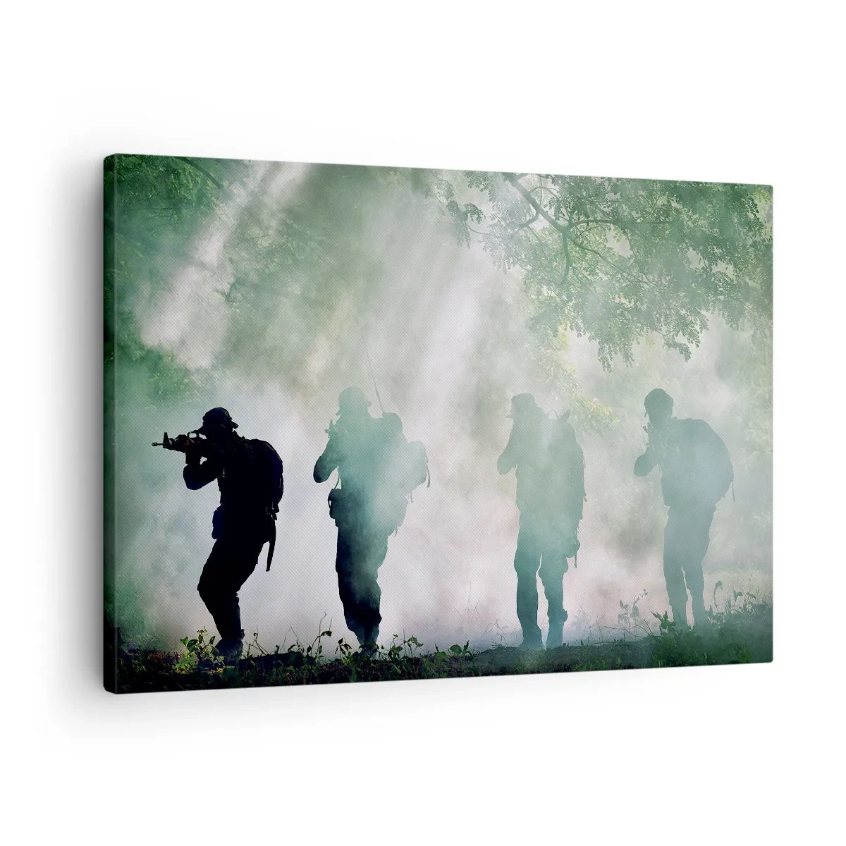 Quadro em tela - Silhuetas de soldados em uma floresta cercada por neblina - 70x50cm - Um por todos... - Decoração de parede moderna para a sala de estar e quarto ARTTOR