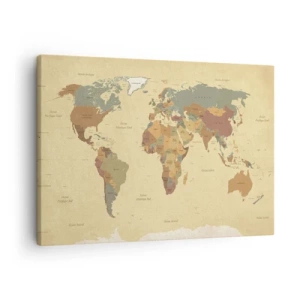 Quadro em tela - Um mapa-múndi estilizado em tons de bege e cores pastel. - 70x50cm - Para ti - o mundo todo - Decoração de parede moderna para a sala de estar e quarto ARTTOR