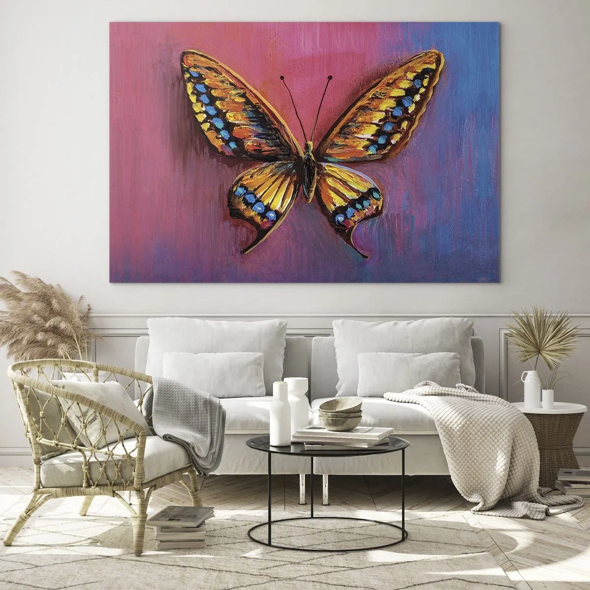 Quadro em vidro - Uma borboleta colorida sobre um fundo em tons de rosa e roxo - 70x50cm - Uma joia da natureza - Decoração de parede moderna para a sala de estar e quarto ARTTOR
