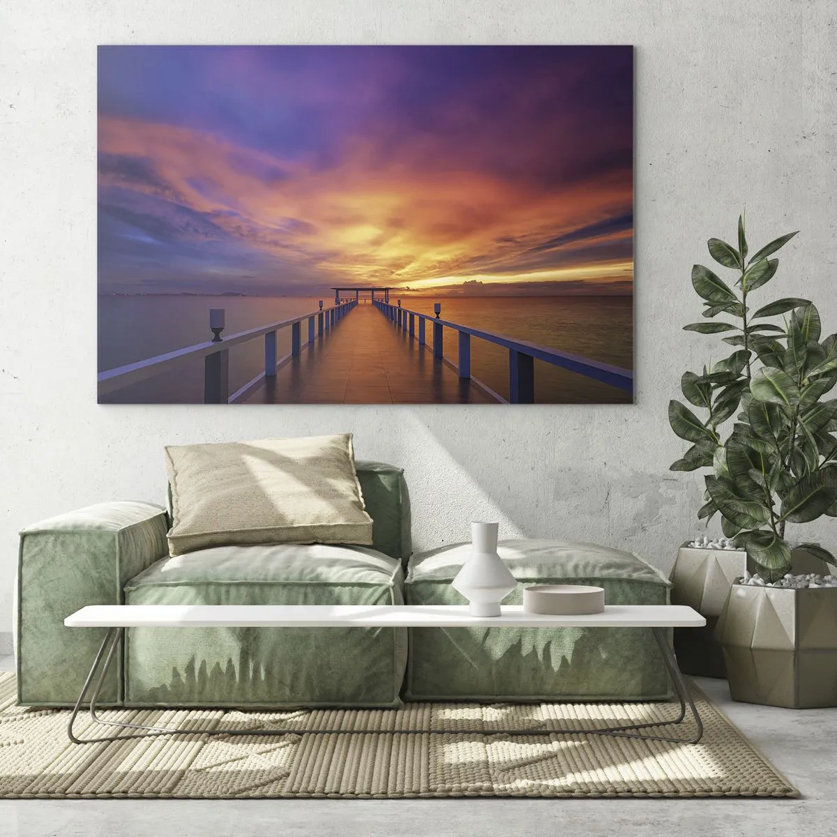Quadro em vidro - O cais com o pôr do sol como pano de fundo - 70x50cm - Sem fim - Decoração de parede moderna para a sala de estar e quarto ARTTOR