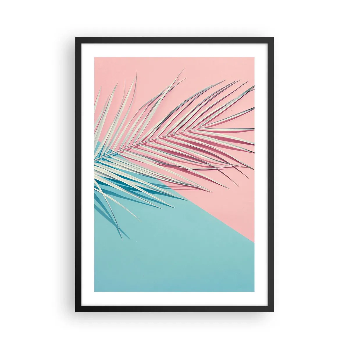 Pôster com moldura preta - Uma palmeira sobre um fundo de cores rosa pastel e azul - 50x70cm - Impressão tropical - Decoração de parede moderna para a sala de estar e quarto ARTTOR