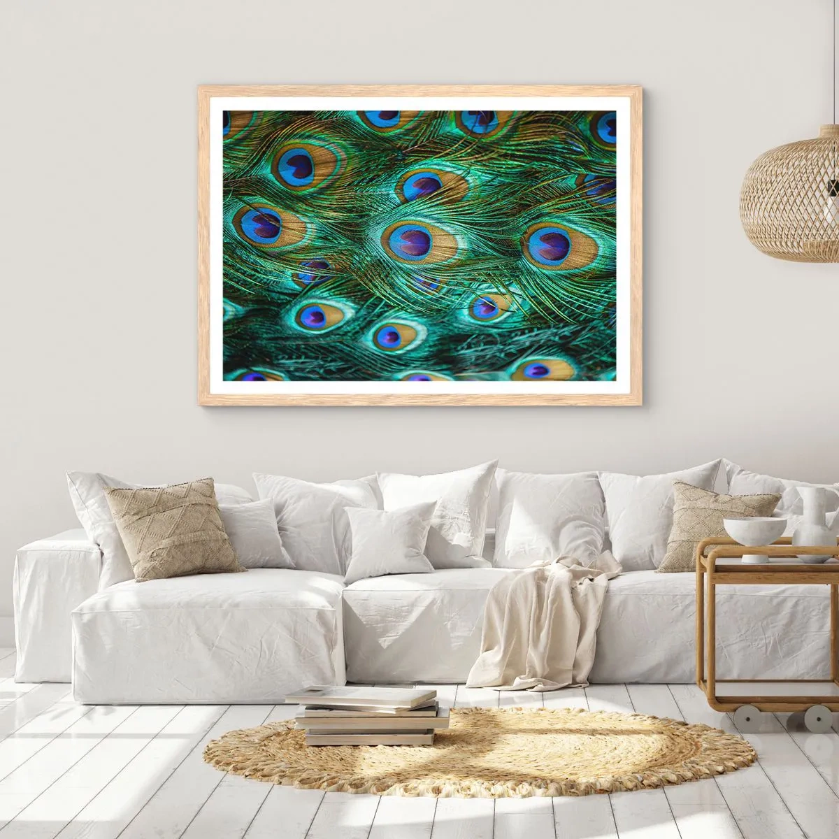 Pôster com moldura de carvalho claro - Um olhar de pavão - 91x61 cm