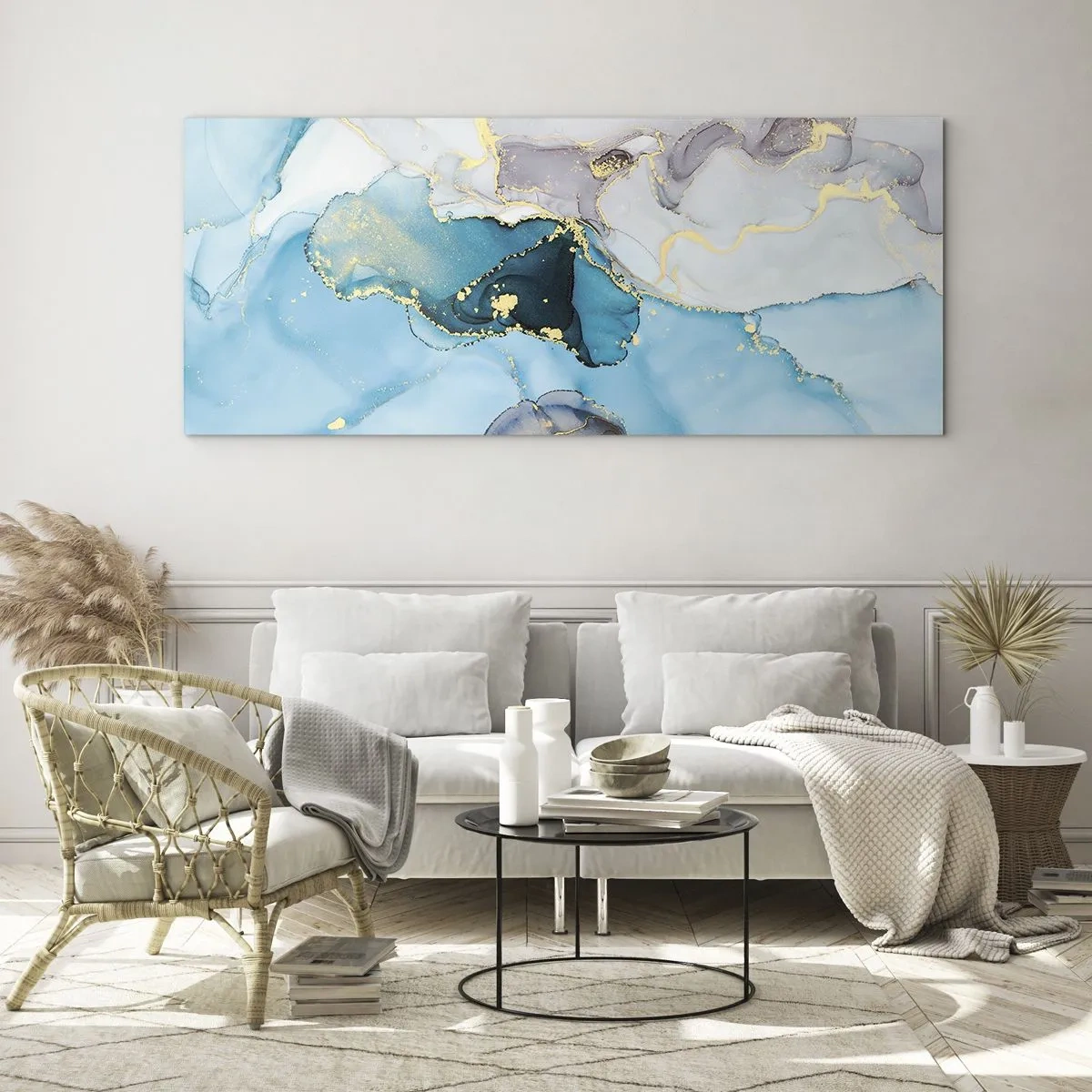 Quadro em vidro - Estudo do encontro do cinza e turquesa - 100x40 cm