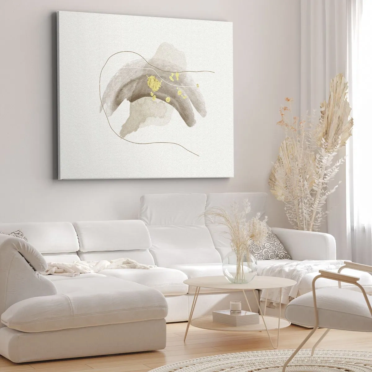 Quadro em tela - Uma composição abstrata em tons de bege e dourado. - 70x50cm - Encontrado no espaço - Decoração de parede moderna para a sala de estar e quarto ARTTOR
