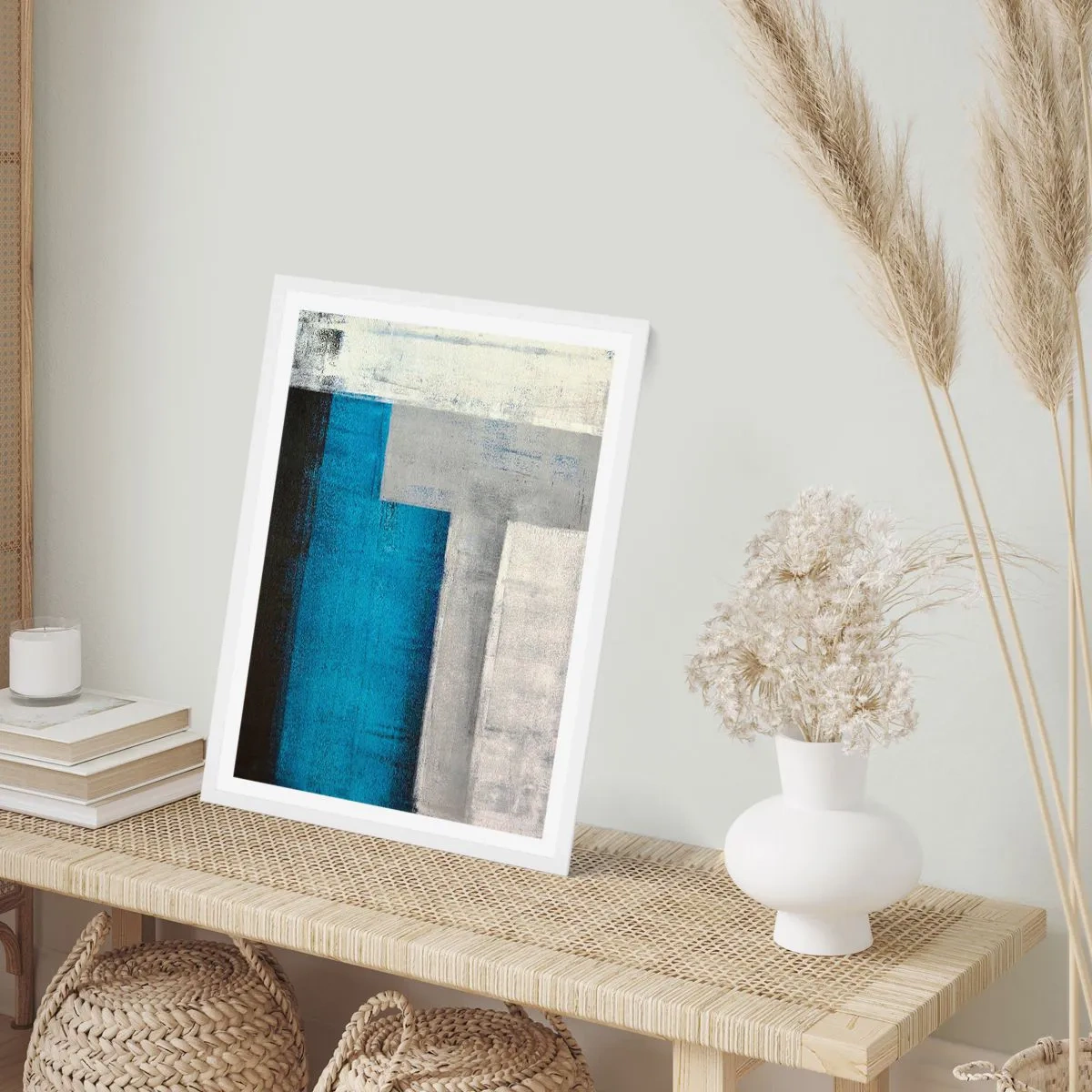 Pôster em moldura branca - Uma composição poética de cinza e azul - 50x70 cm