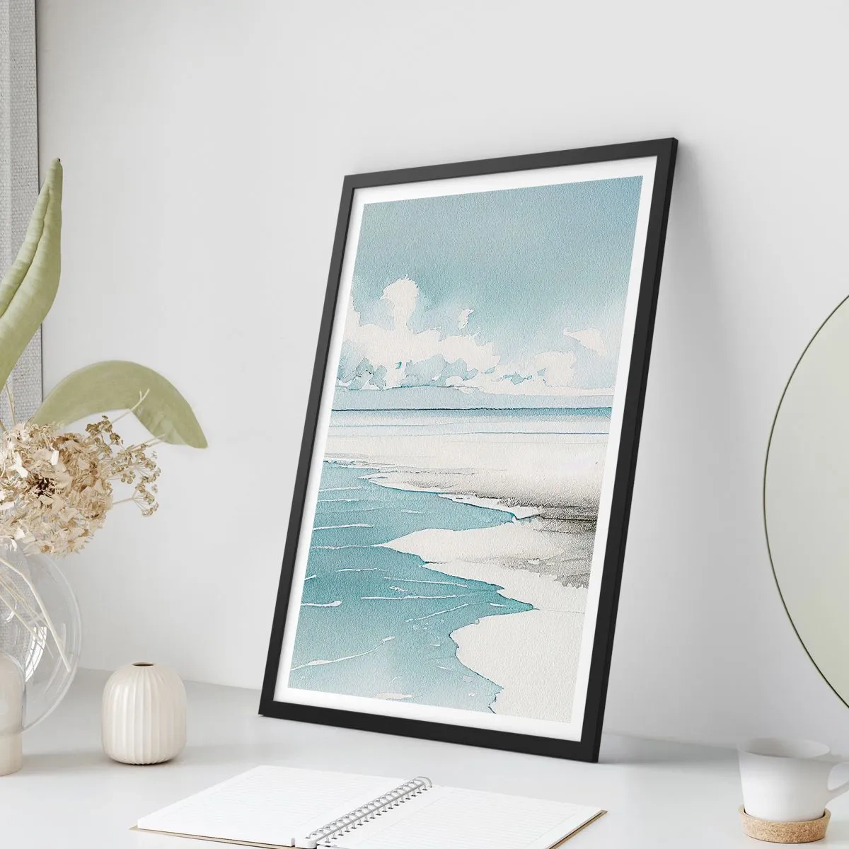 Pôster com moldura preta - Paisagem litorânea em aquarela em tons pastéis - 50x70cm - Maré suave - Decoração de parede moderna para a sala de estar e quarto ARTTOR