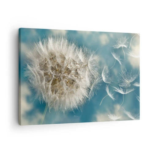 Quadro em tela - Um dente-de-leão explodido contra um céu azul - 70x50cm - Respiração de um anjo - Decoração de parede moderna para a sala de estar e quarto ARTTOR