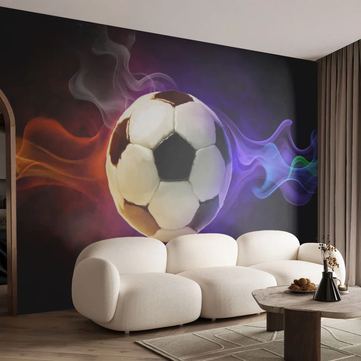 Papel de Parede Standard Eco - Uma bola de futebol cercada por efeitos de luz coloridos - 100x70cm - O poder mágico do jogo - Decoração de parede moderna para a sala de estar e quarto ARTTOR